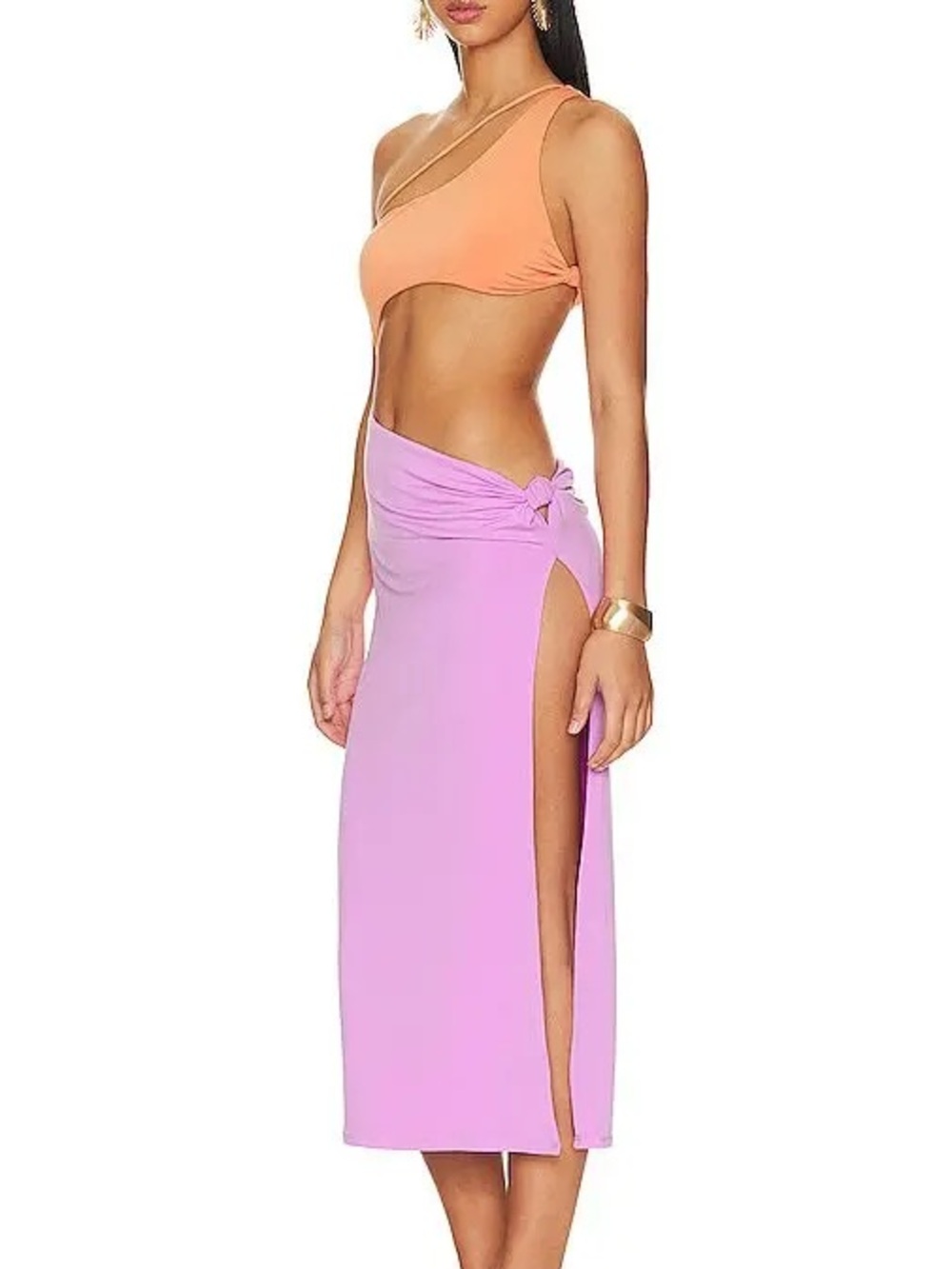 Revolve Bananhot Ariana Midi Dress Melon Orange Purple Slit Size XS - Picture 4 of 9
